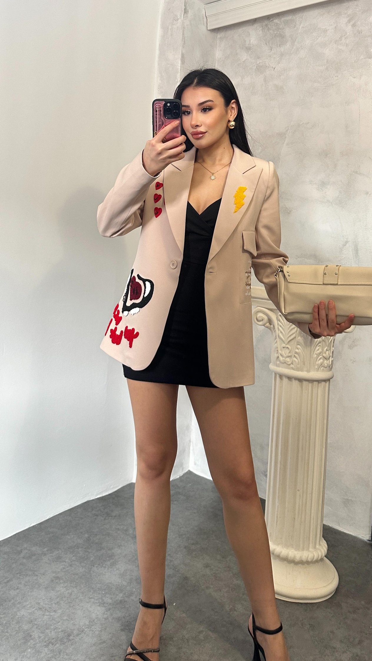 Kadın Nakış Kalp Figürlü Blazer Spor Ceket BEJ
