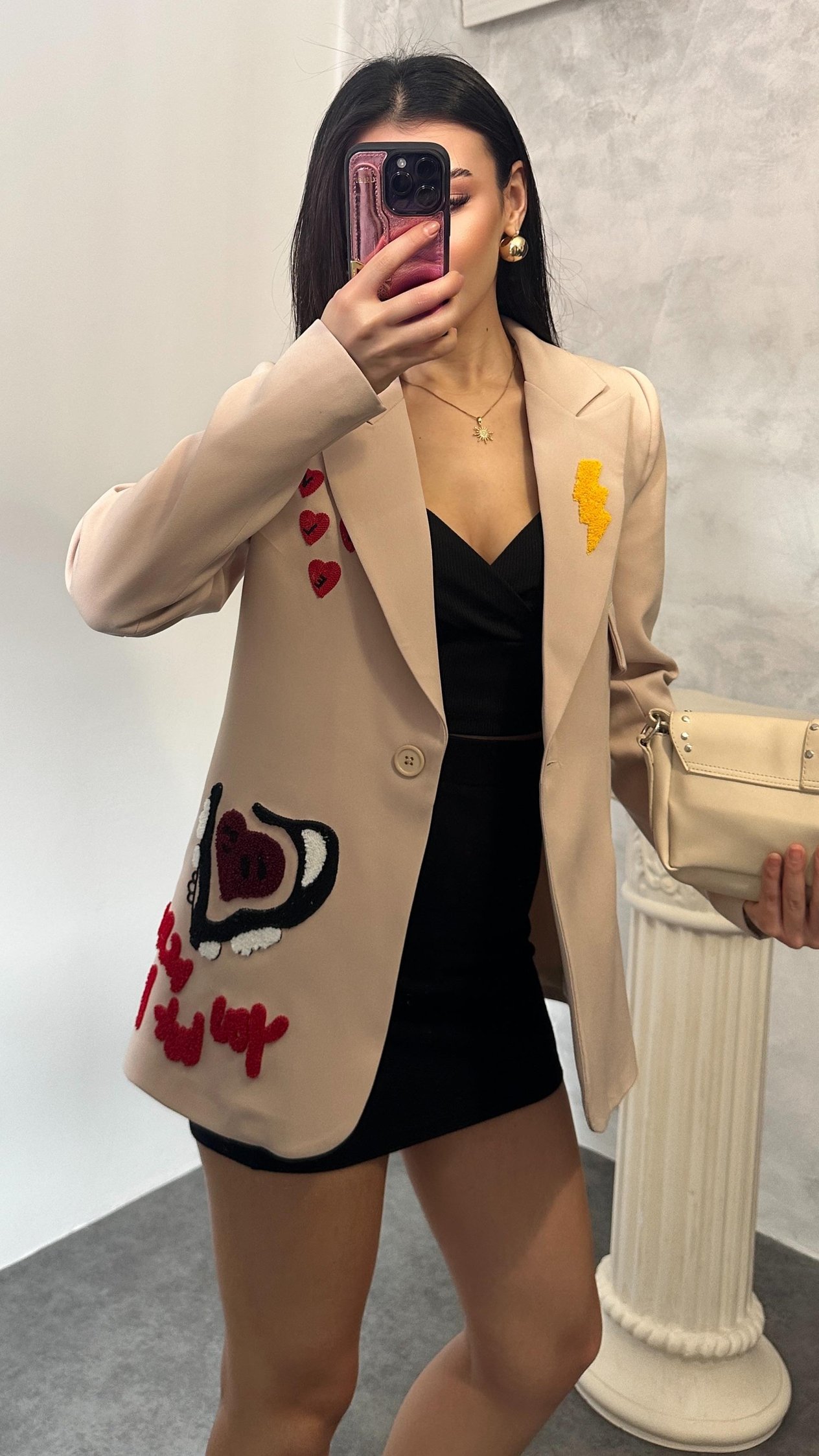 Kadın Nakış Kalp Figürlü Blazer Spor Ceket BEJ
