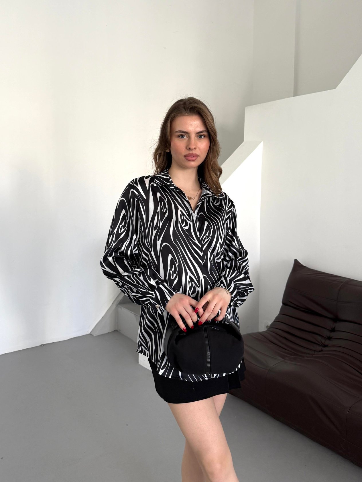 Kadın Zebra Desenli Saten Gömlek