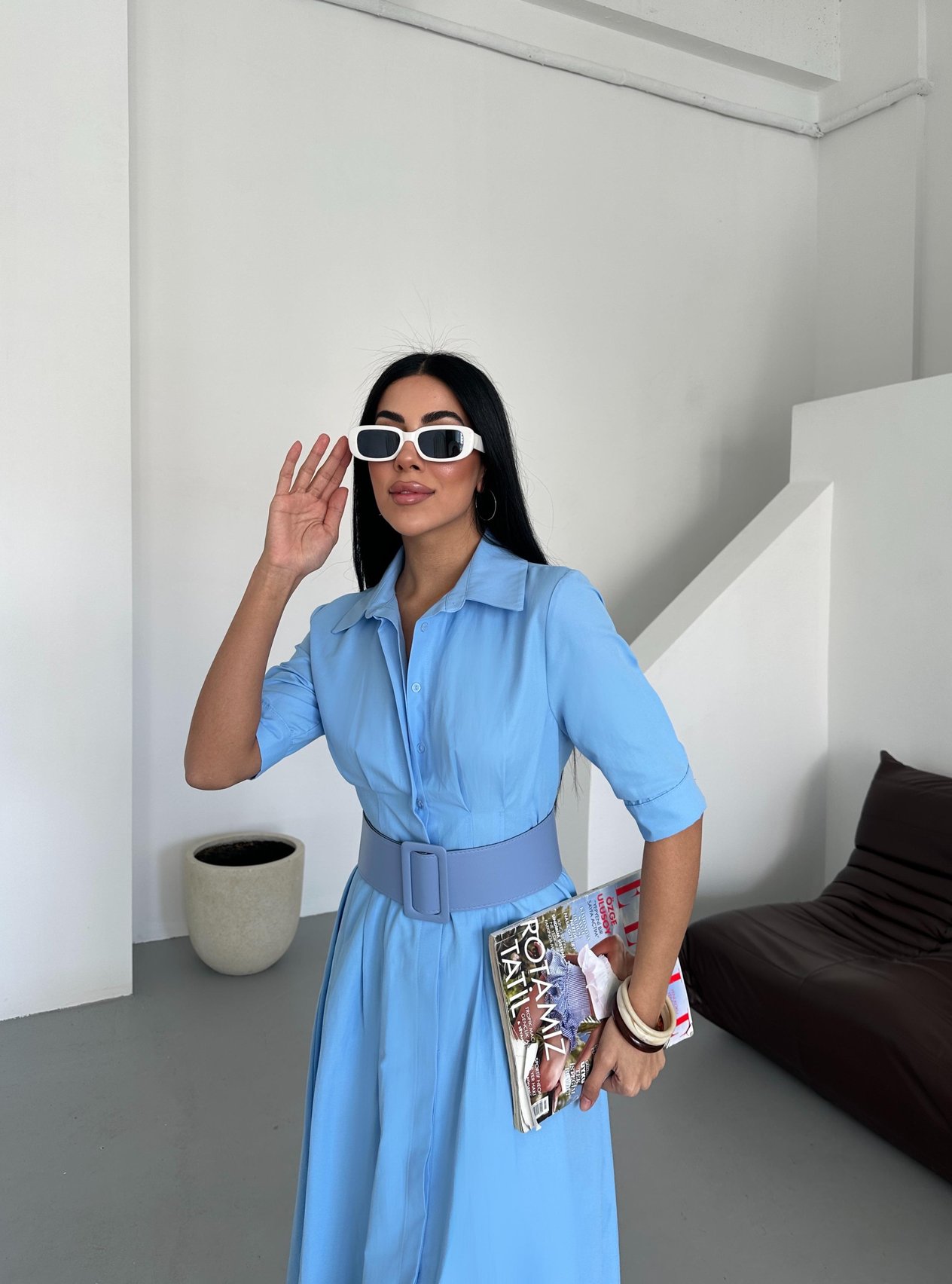 Lucy Kumaş Maxi (Uzun) Boy Yarım Kol Kemerli Elbise BEBE MAVİ