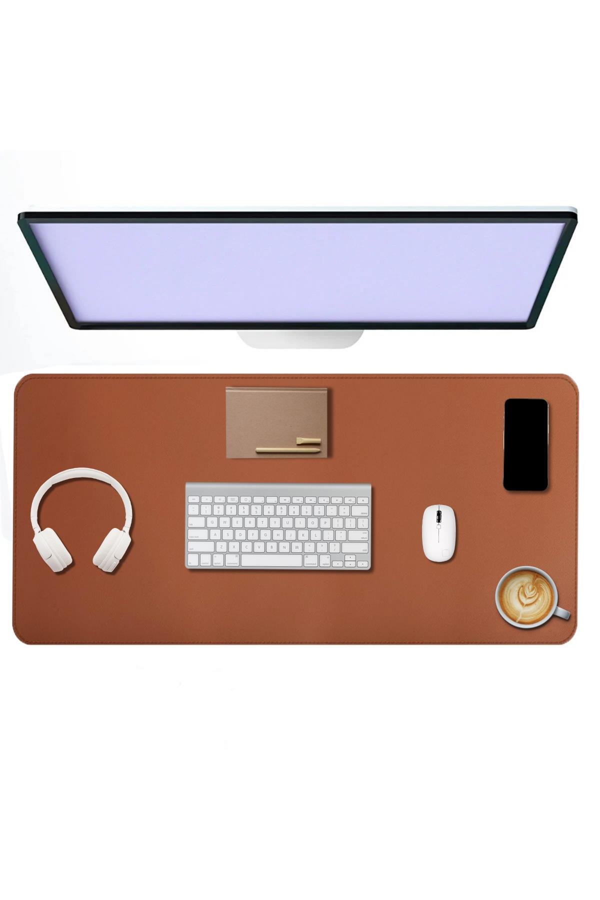 Kahverengi Deri Mouse Pad Dikişli Kenar  Çift Yönlü Kullanım Masa Matı Sümen 90x40 XL 