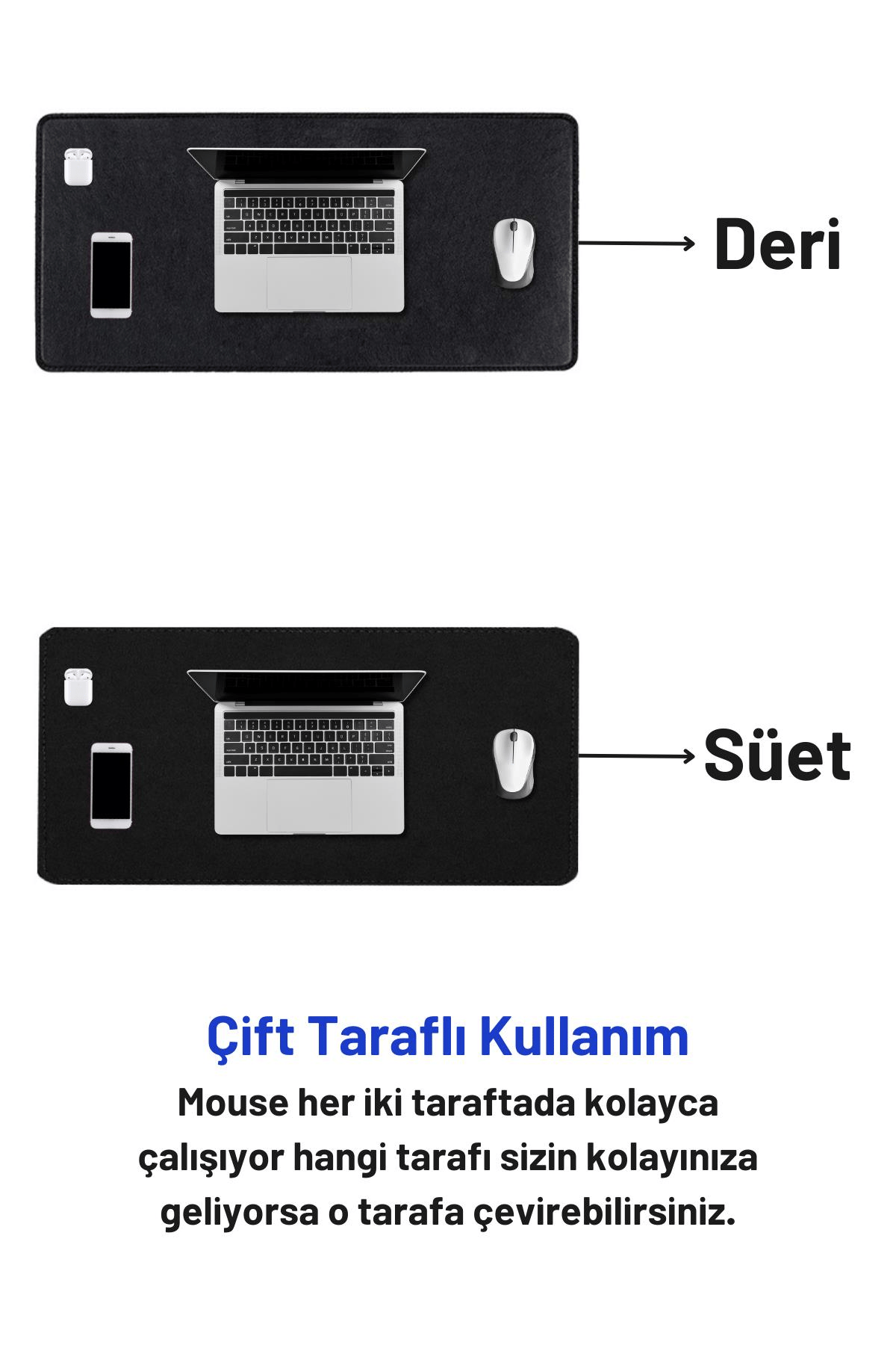 Siyah Deri Mouse Pad Dikişli Kenar  Çift Yönlü Kullanım Masa Matı Sümen 70x30 L 