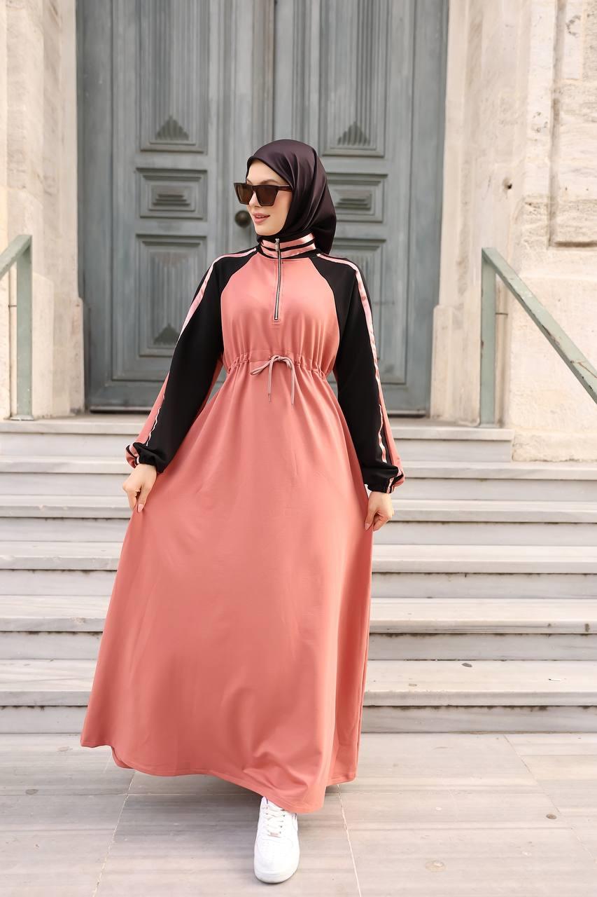1614 Spor Şerit Detaylı Elbise - Pembe 