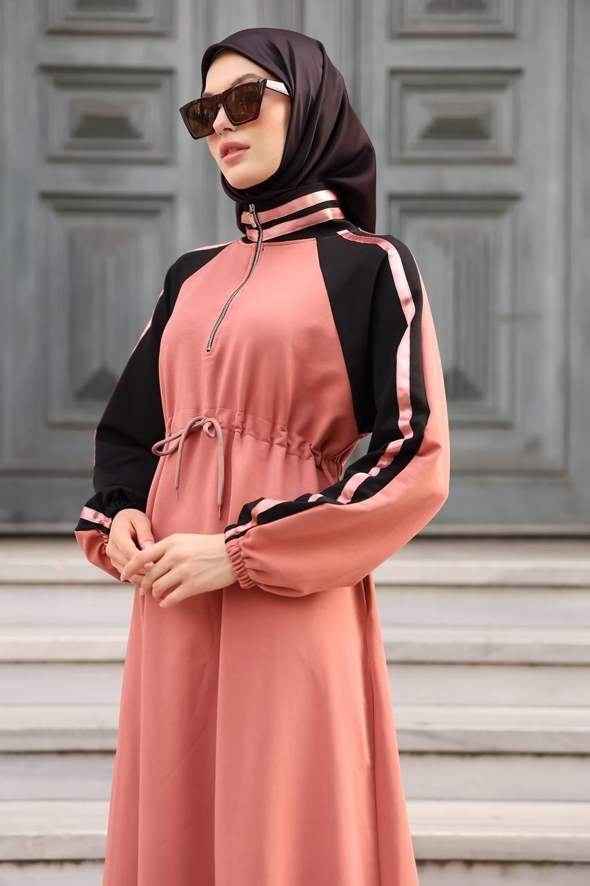 1614 Spor Şerit Detaylı Elbise - Pembe 