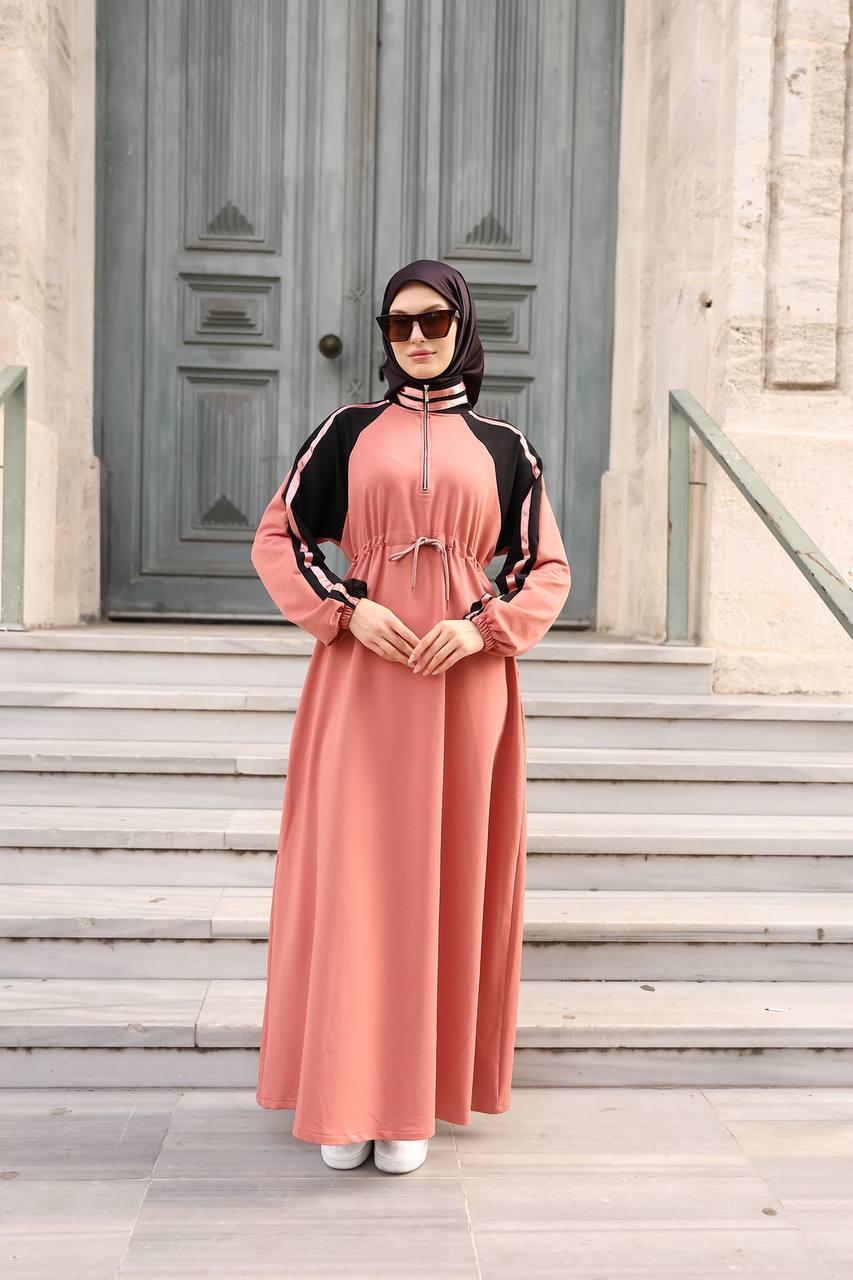 1614 Spor Şerit Detaylı Elbise - Pembe 