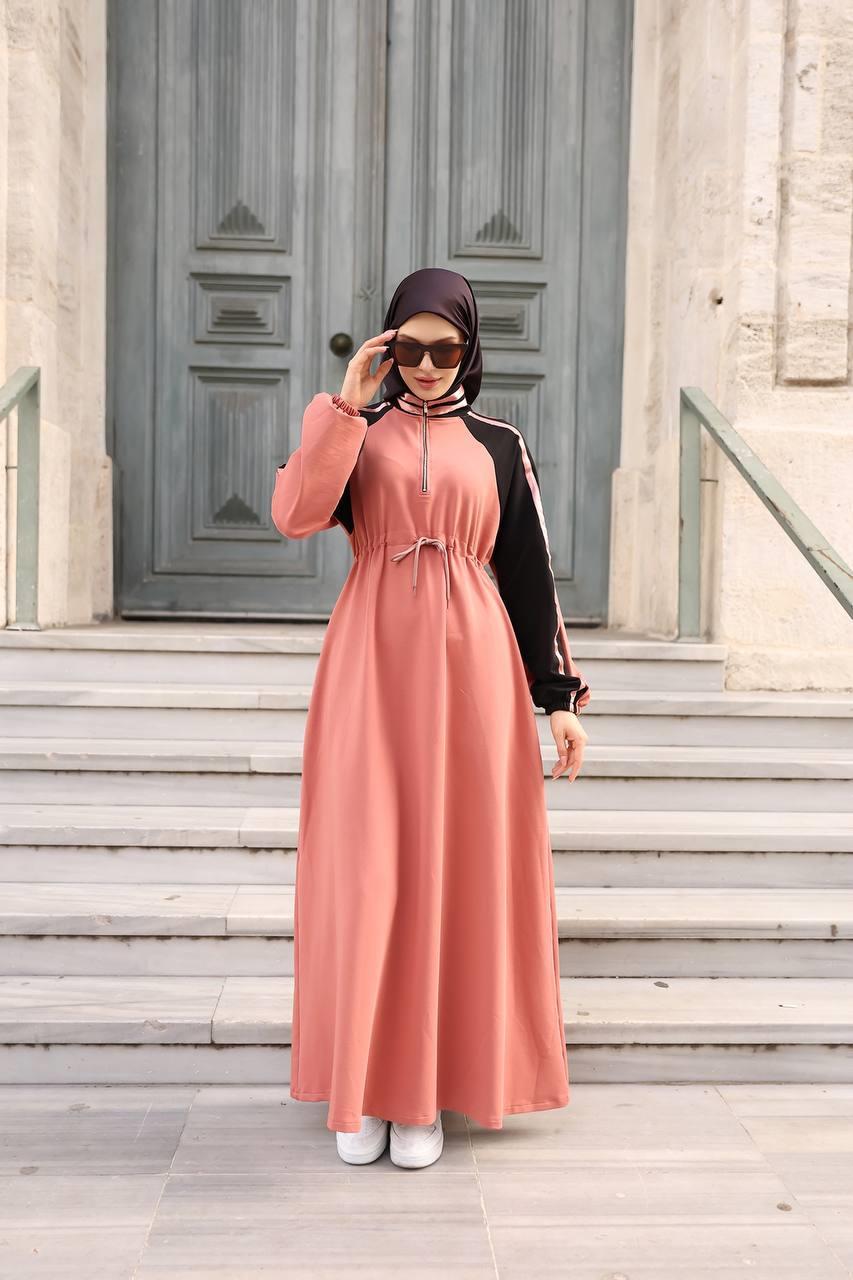 1614 Spor Şerit Detaylı Elbise - Pembe 
