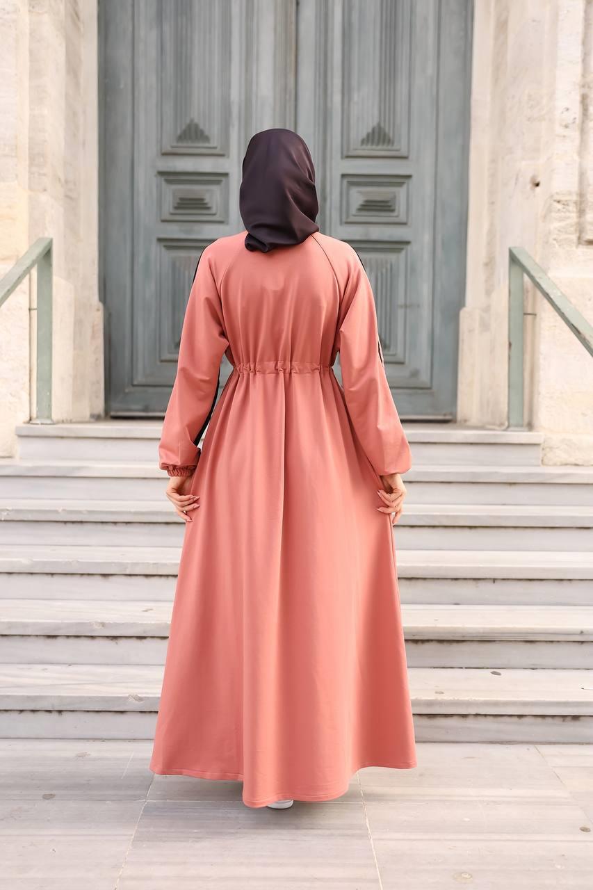 1614 Spor Şerit Detaylı Elbise - Pembe 