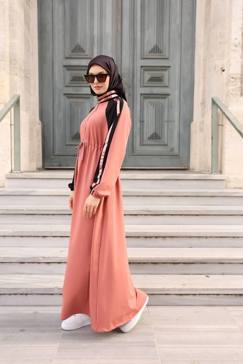 1614 Spor Şerit Detaylı Elbise - Pembe 