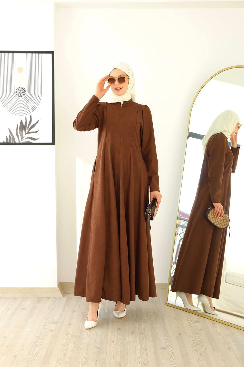 6013 Fermuar Detaylı Elbise - Taba