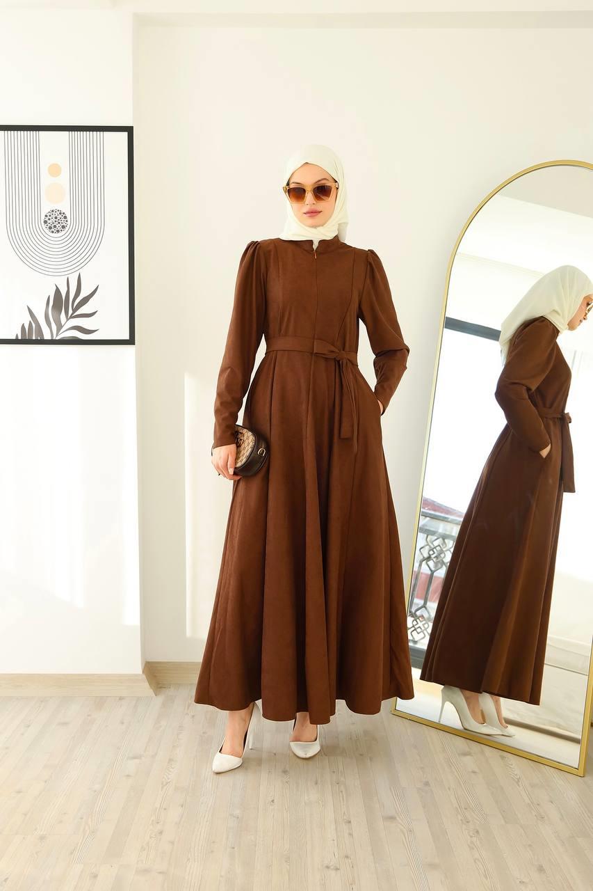 6013 Fermuar Detaylı Elbise - Taba