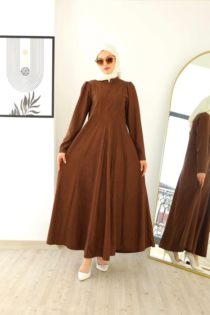 6013 Fermuar Detaylı Elbise - Taba