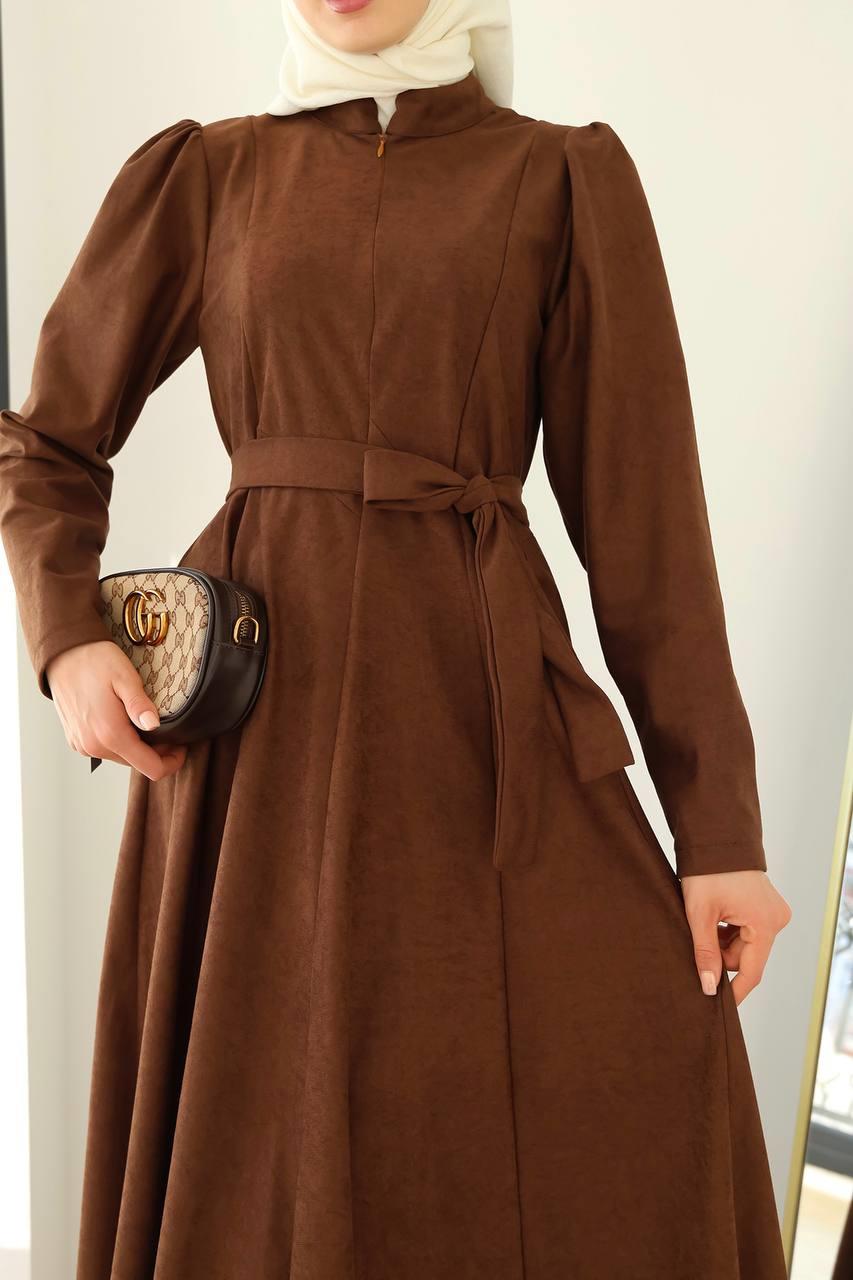6013 Fermuar Detaylı Elbise - Taba