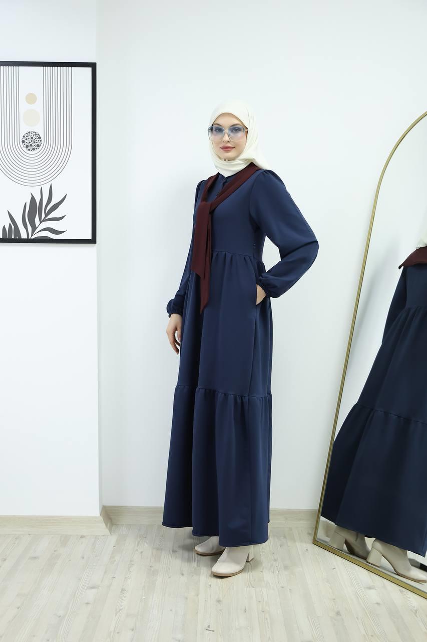 6019 Düğmeli Detaylı Elbise - Lacivert 