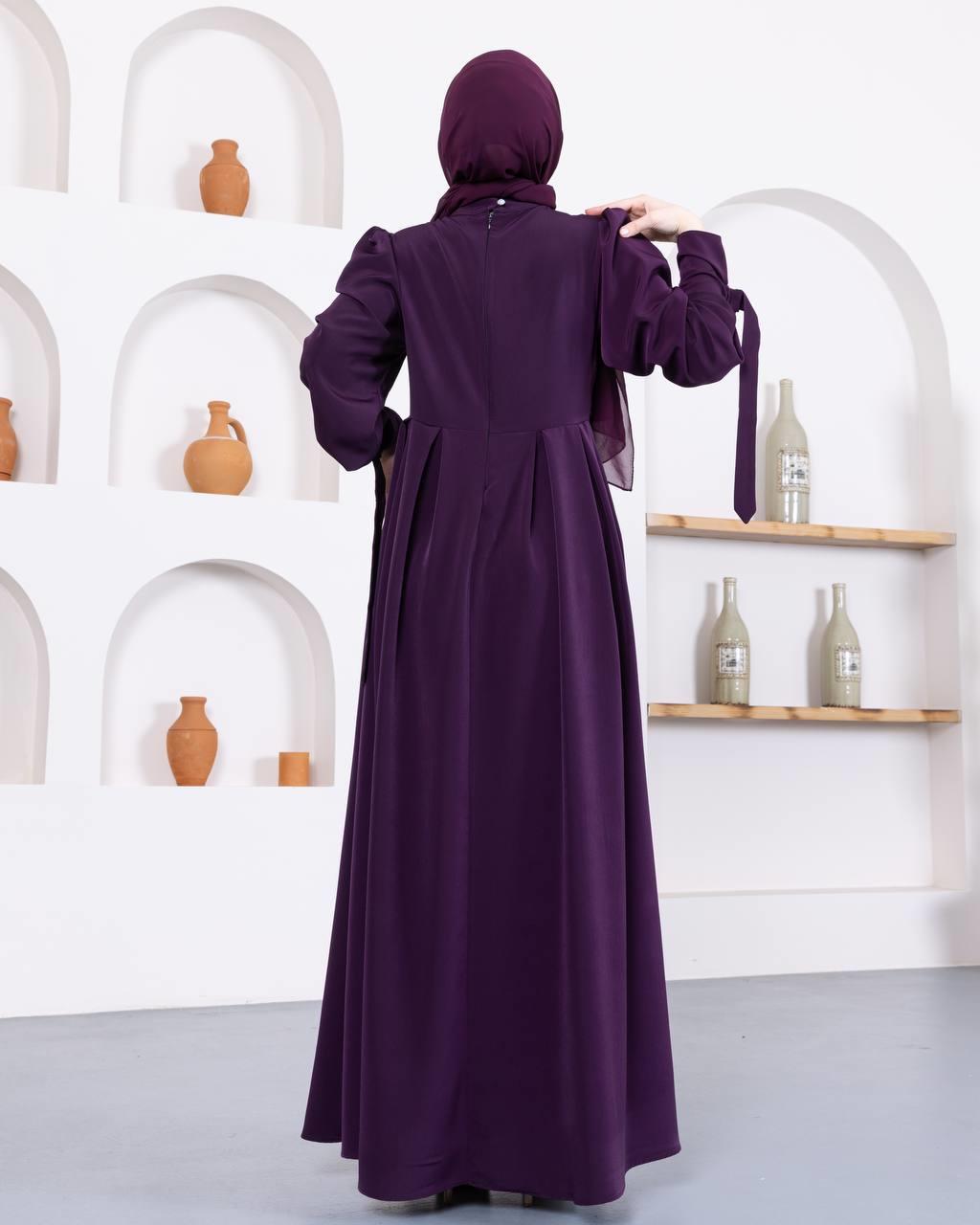 7009 Önü Kuşaklı Elbise - Mor