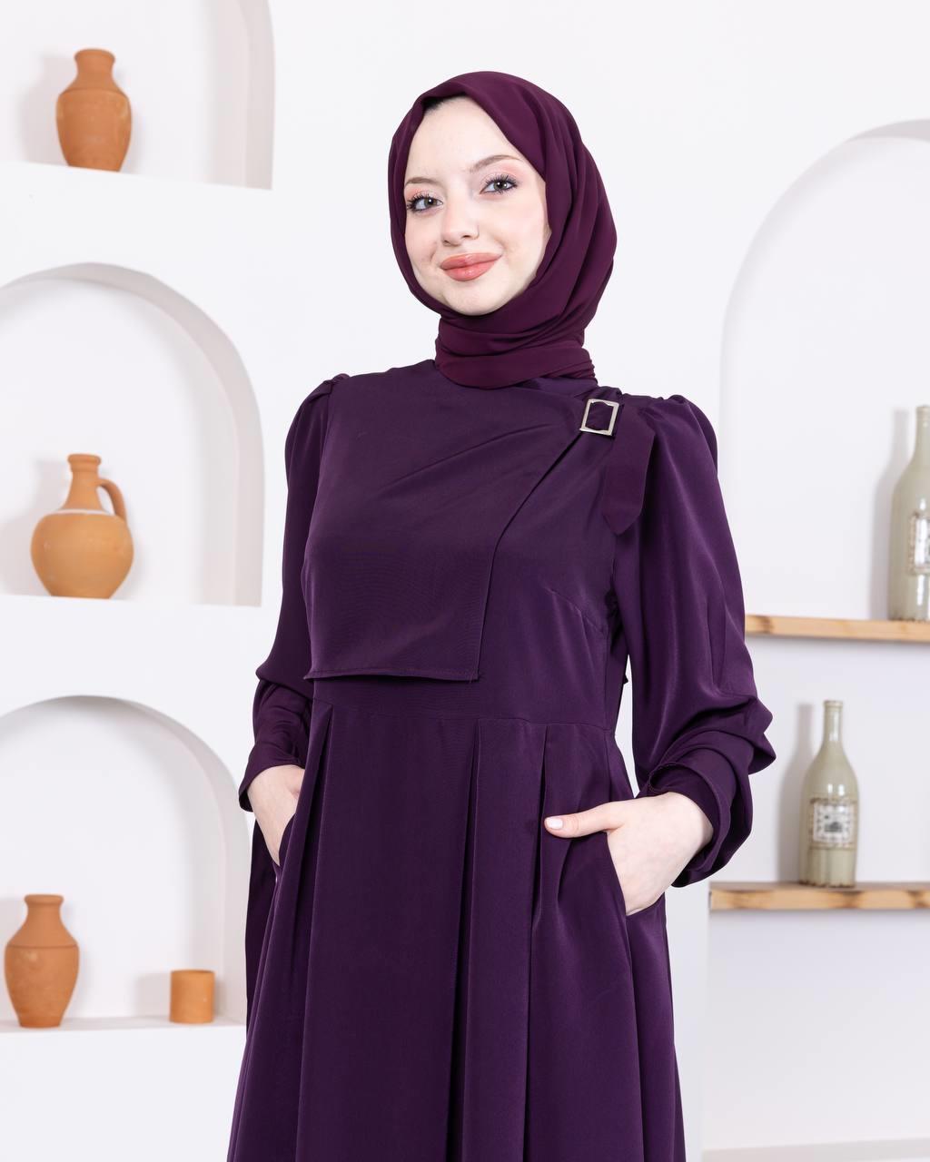 7009 Önü Kuşaklı Elbise - Mor