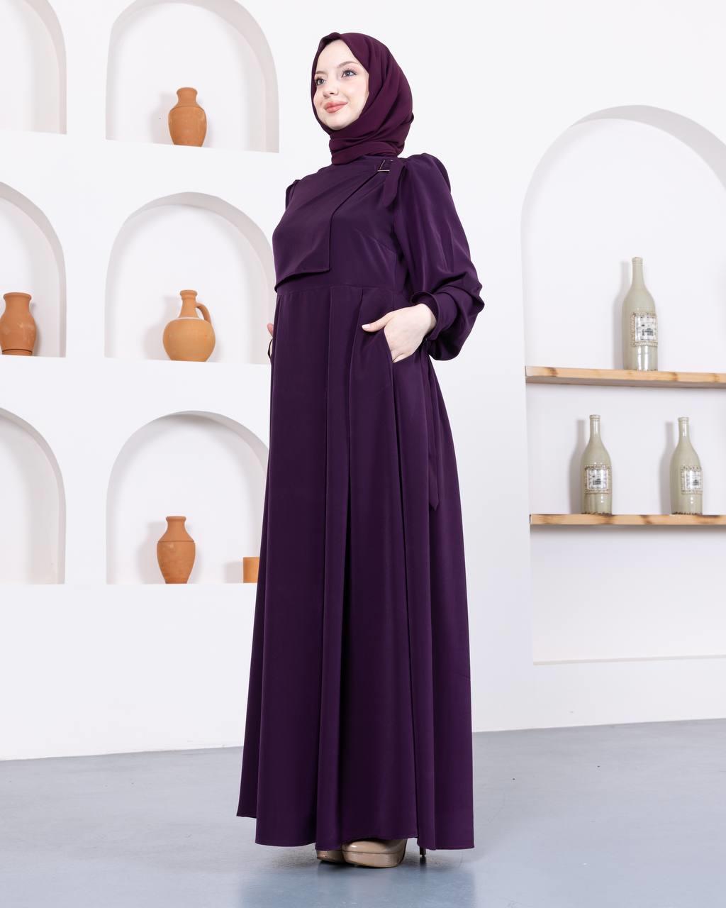 7009 Önü Kuşaklı Elbise - Mor