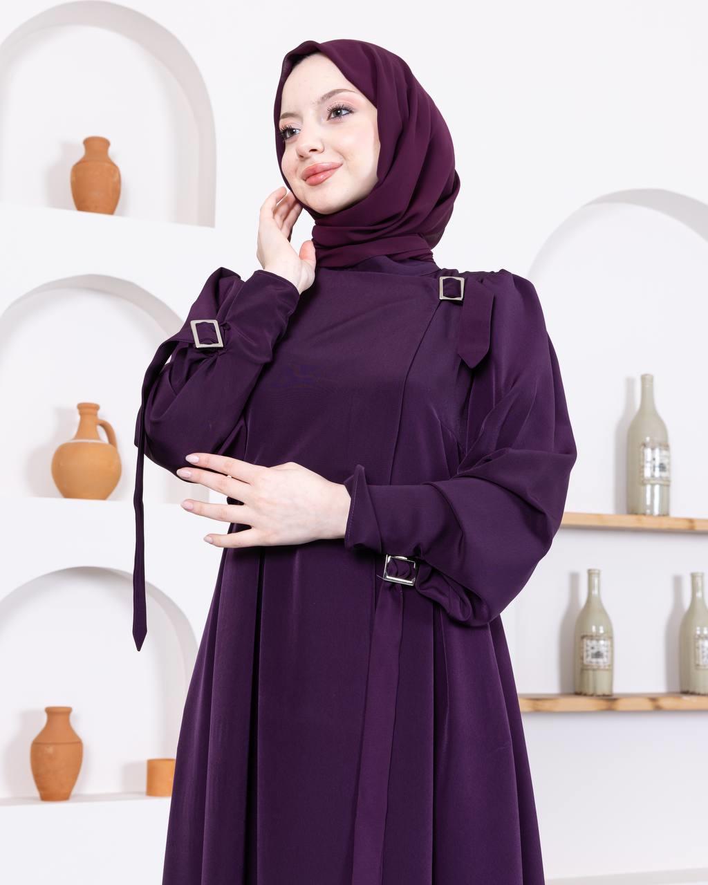 7009 Önü Kuşaklı Elbise - Mor