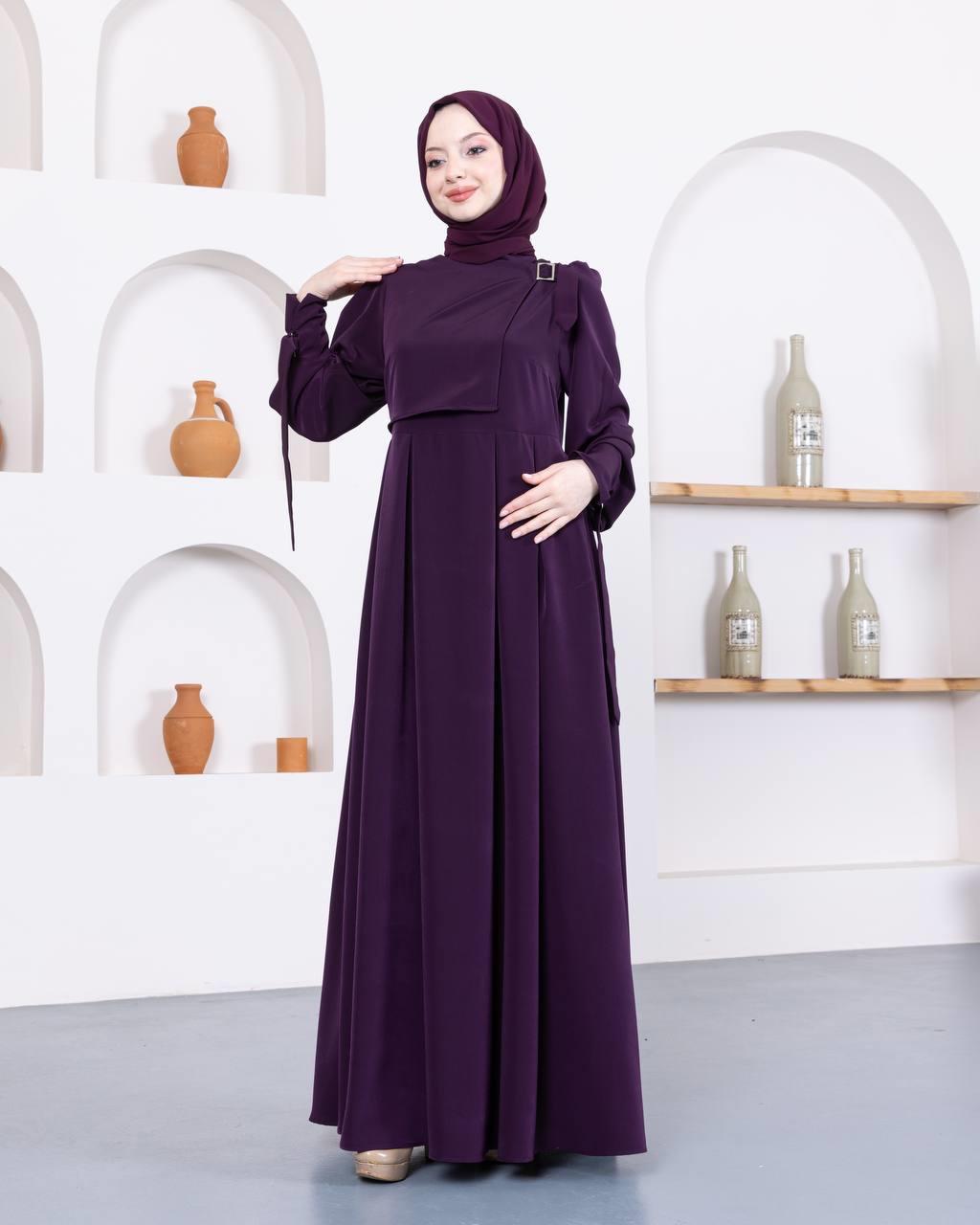 7009 Önü Kuşaklı Elbise - Mor