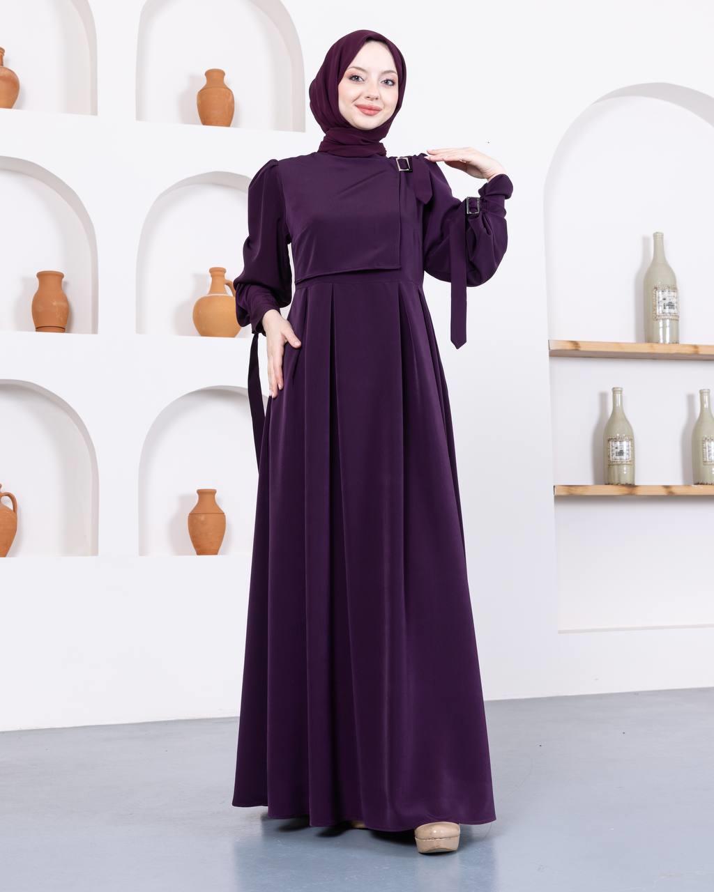 7009 Önü Kuşaklı Elbise - Mor