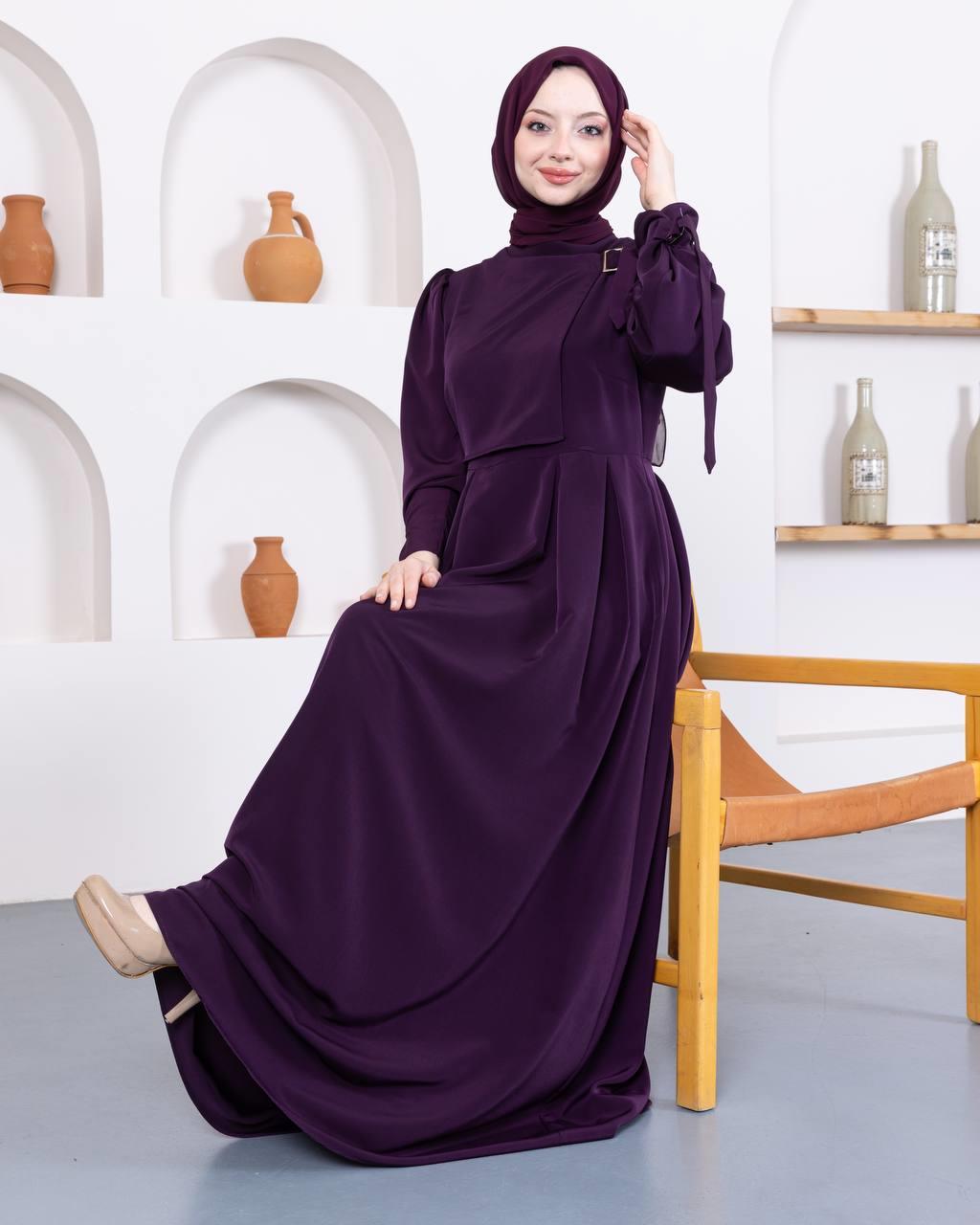 7009 Önü Kuşaklı Elbise - Mor
