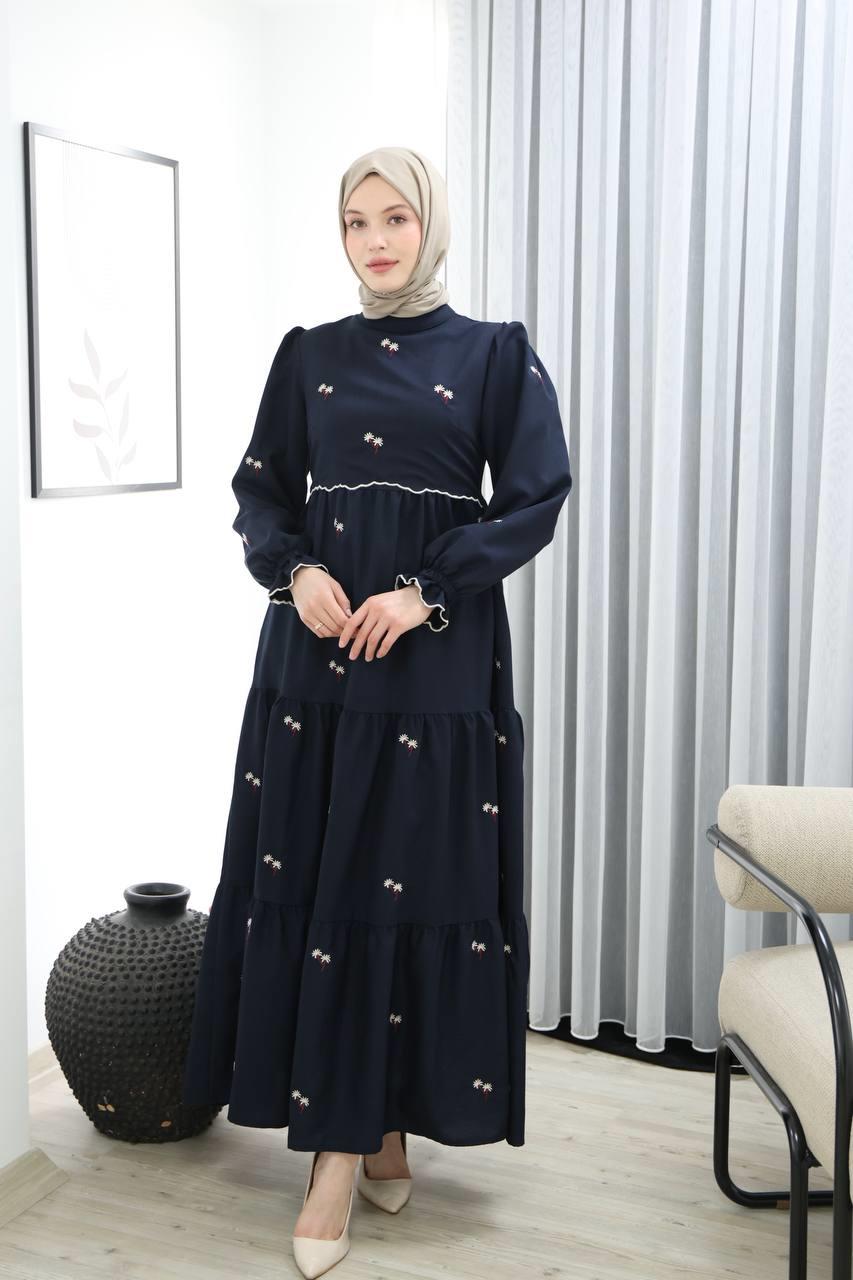 7023 Çiçek İşlemeli Elbise - Lacivert