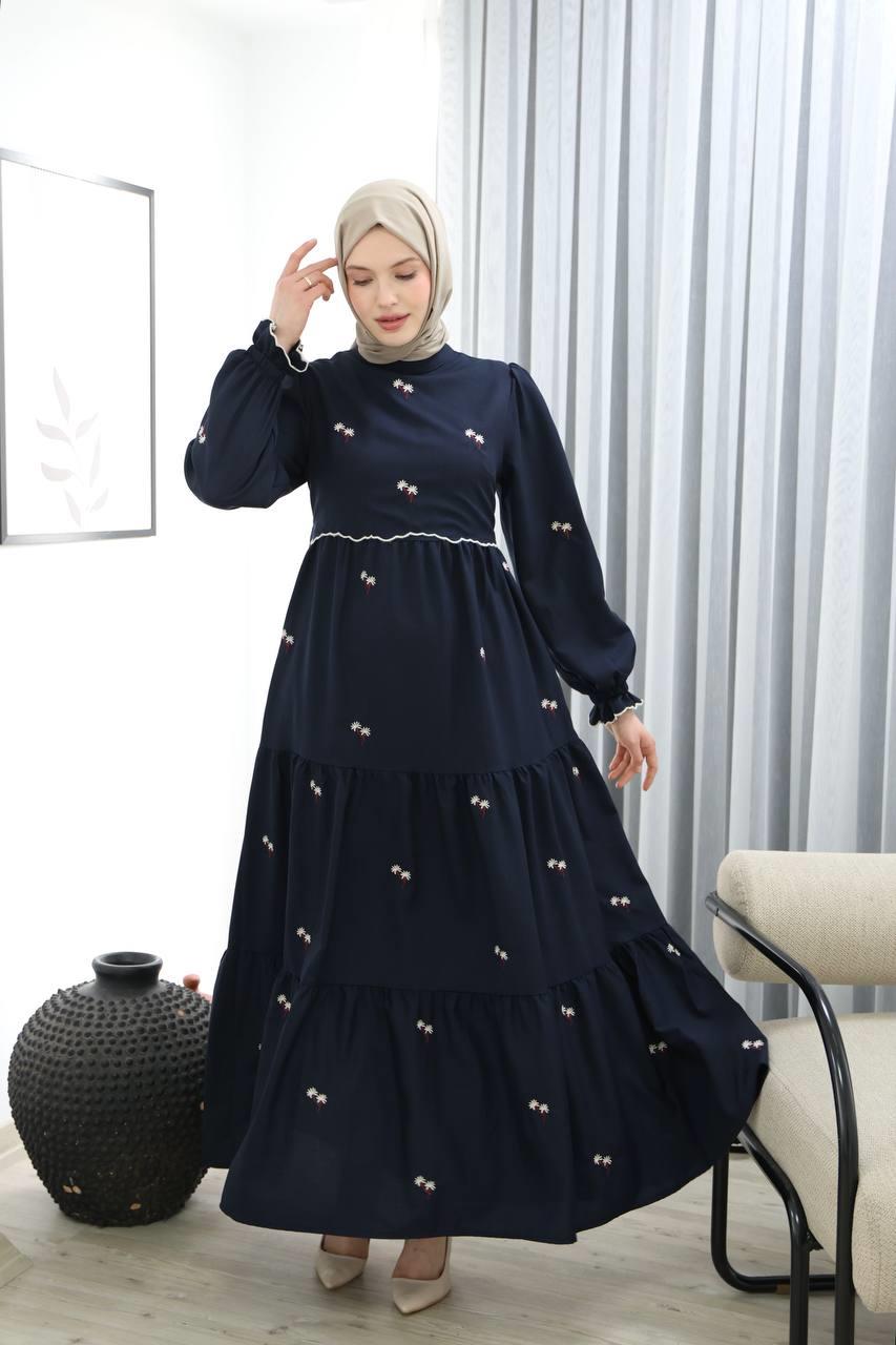 7023 Çiçek İşlemeli Elbise - Lacivert