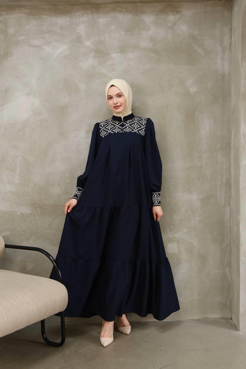 7032 Nakış Detaylı Elbise - Lacivert