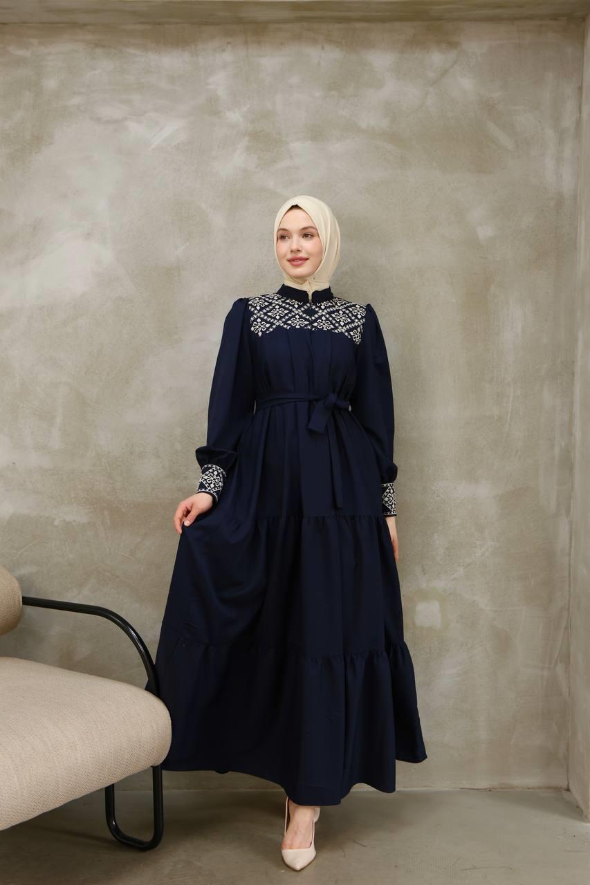 7032 Nakış Detaylı Elbise - Lacivert