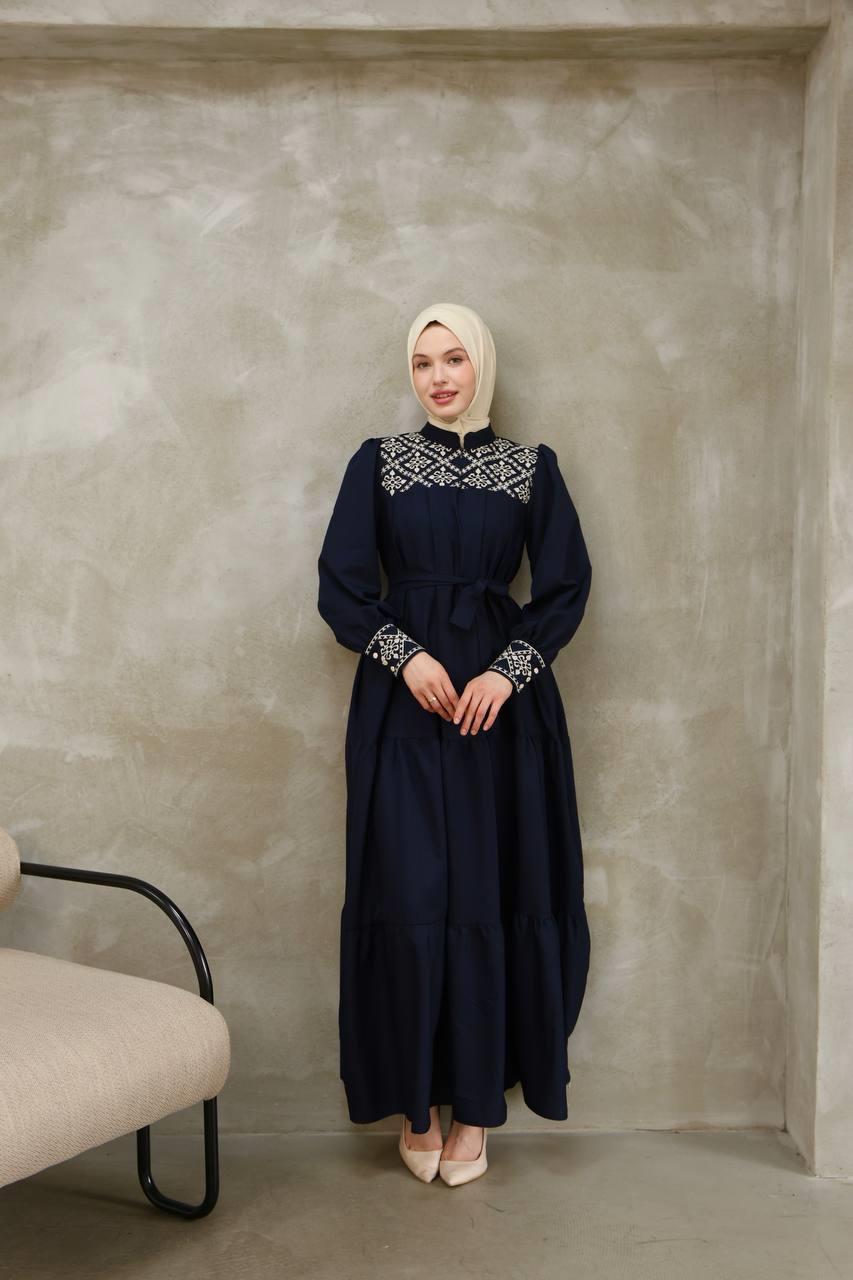 7032 Nakış Detaylı Elbise - Lacivert