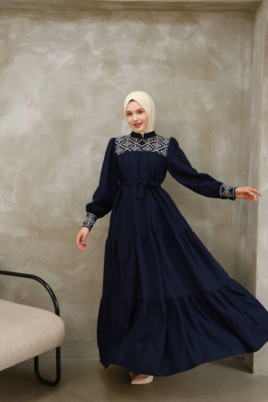 7032 Nakış Detaylı Elbise - Lacivert