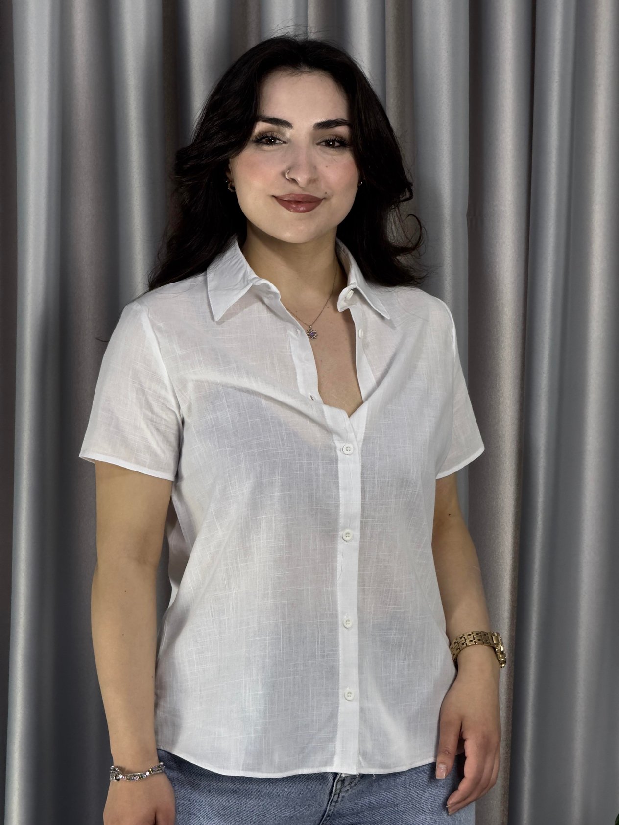 Kadın Kısa Kol Basic Beyaz Keten Gömlek 