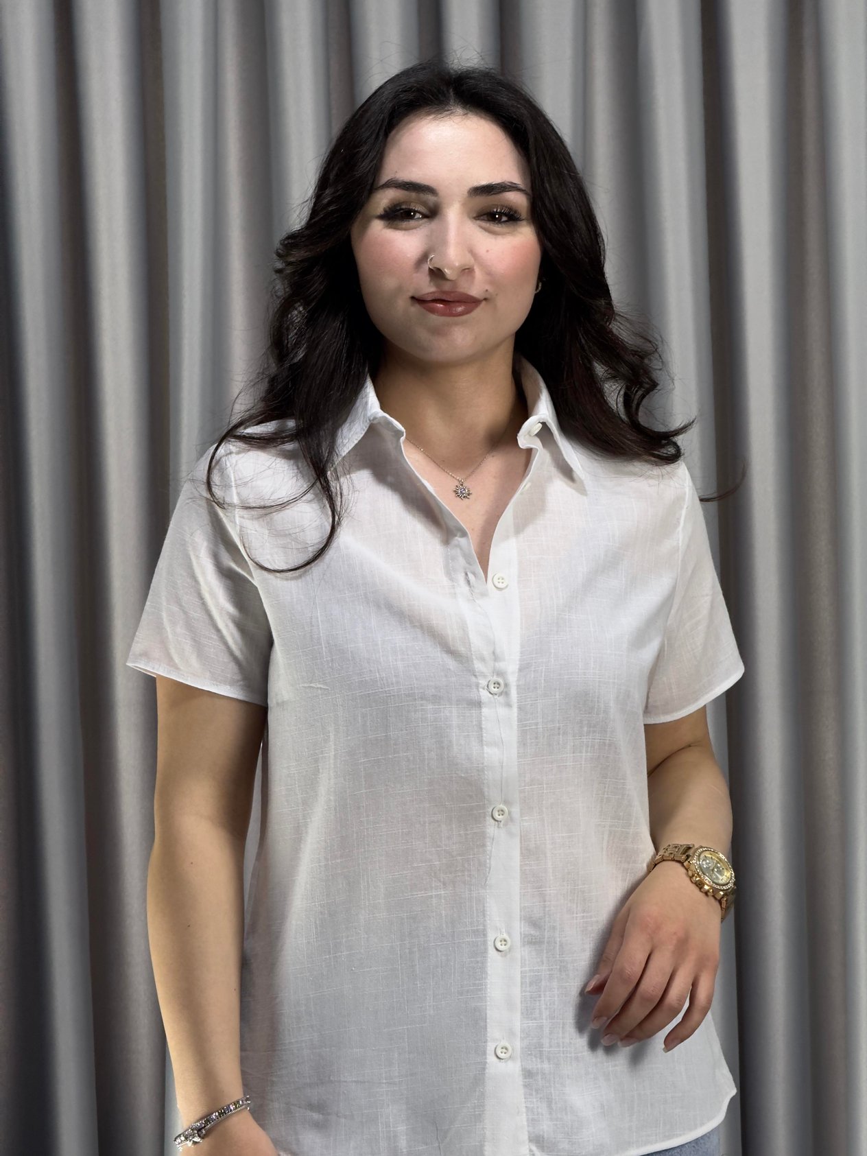 Kadın Kısa Kol Basic Beyaz Keten Gömlek 