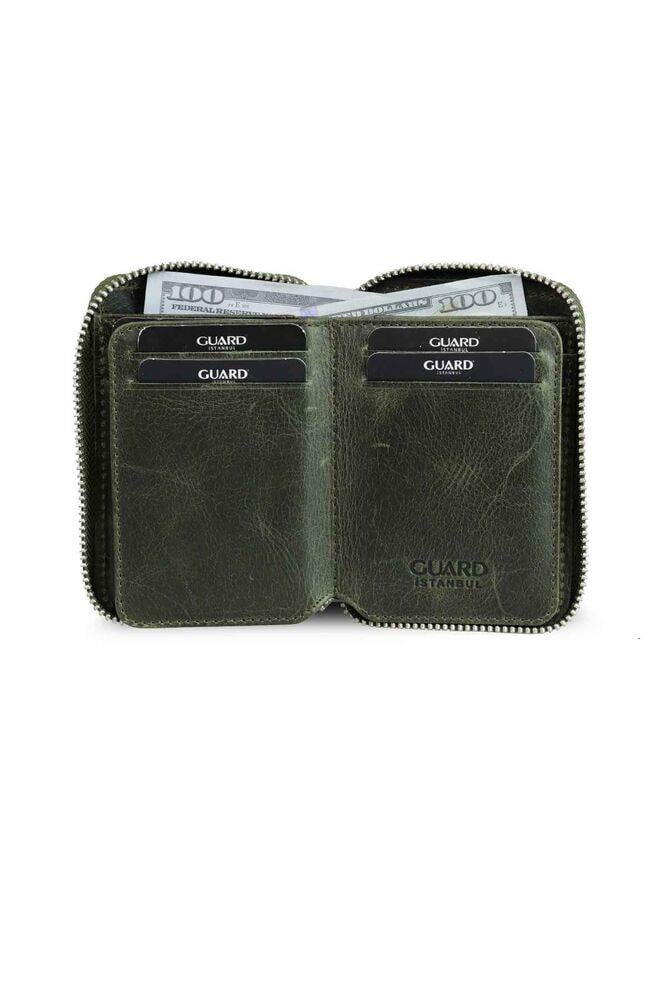 Guard Fermuarlı Antik Yeşil Deri Mini Cüzdan