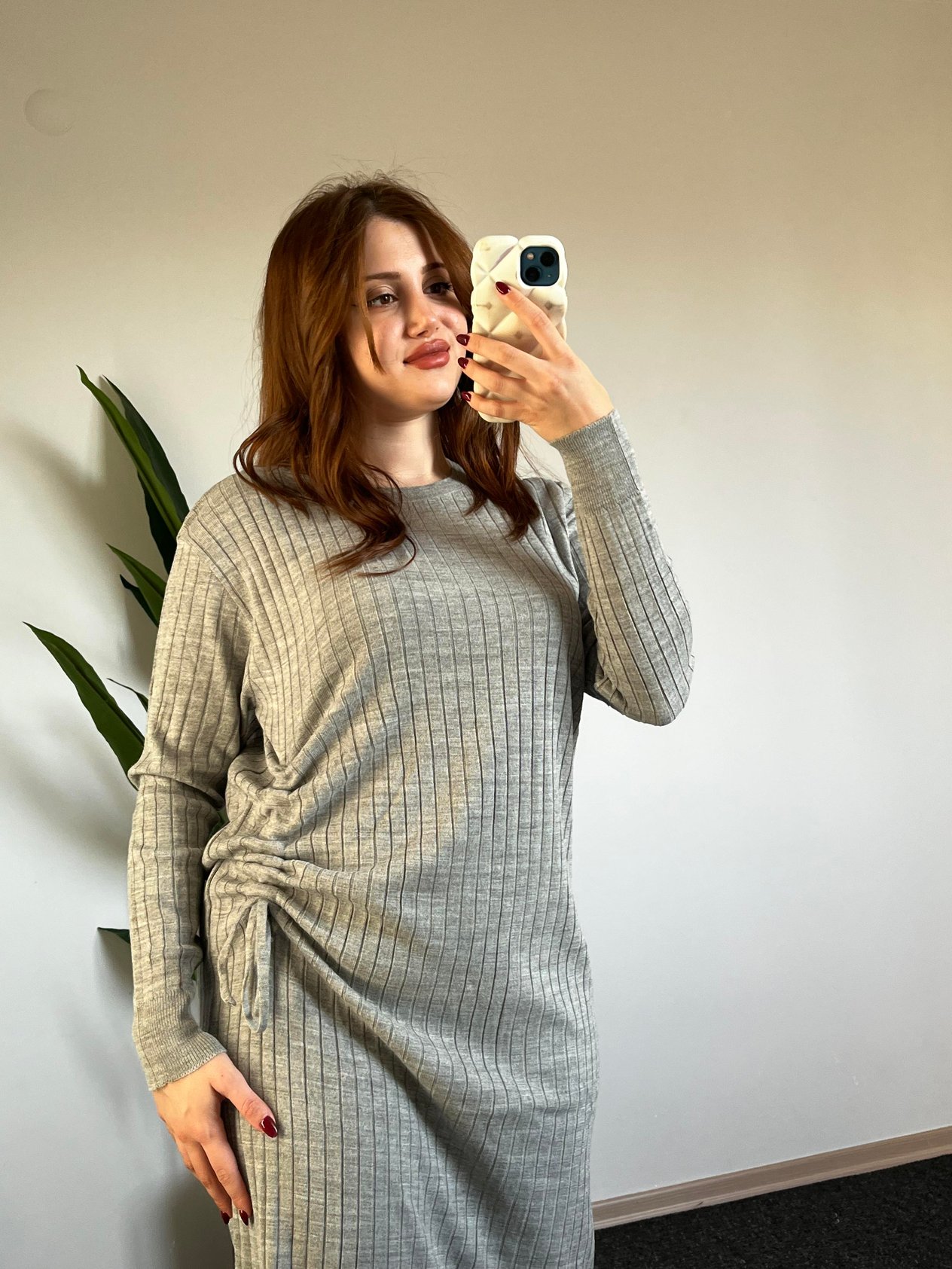Gri Yandan Büzgü Detay  Elbise-136