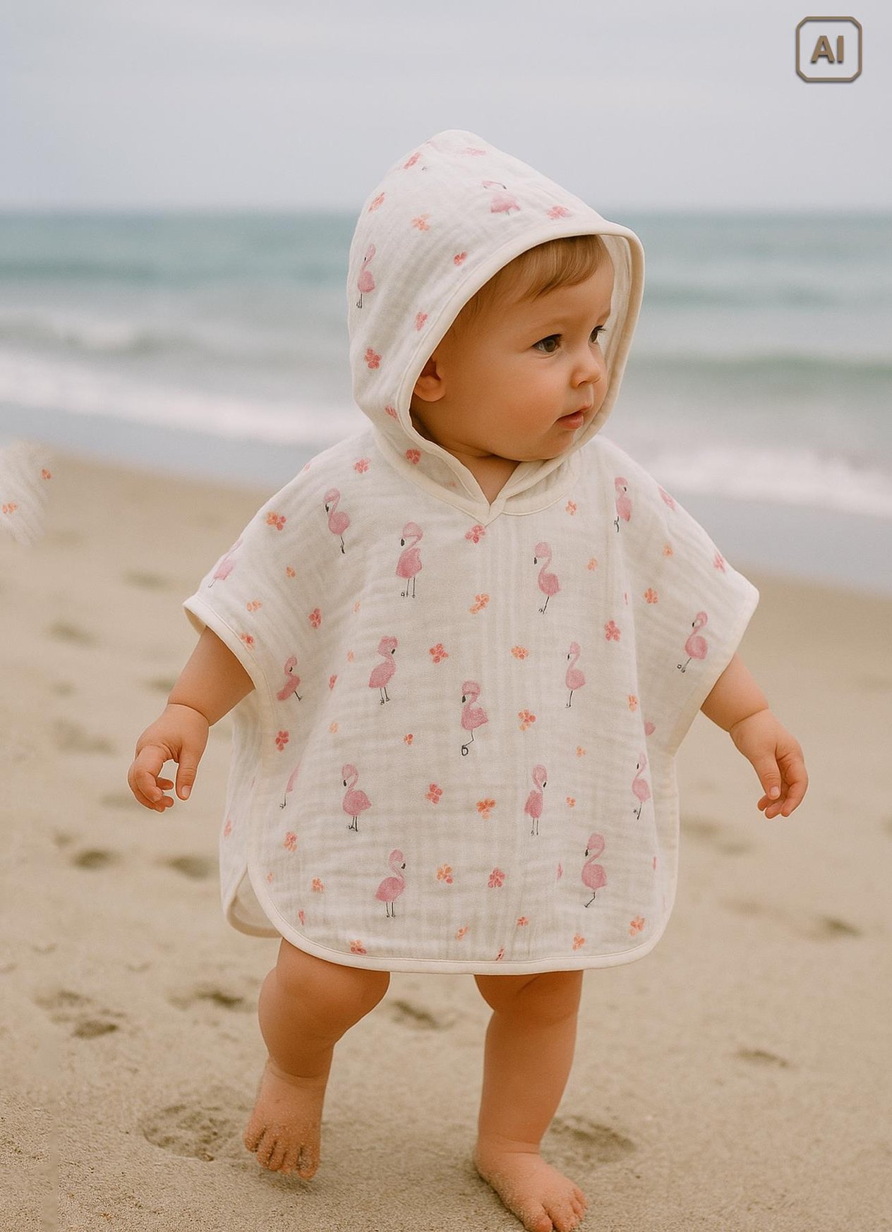 Organik Flamingo Girl Müslin Panço Bornoz Beyaz