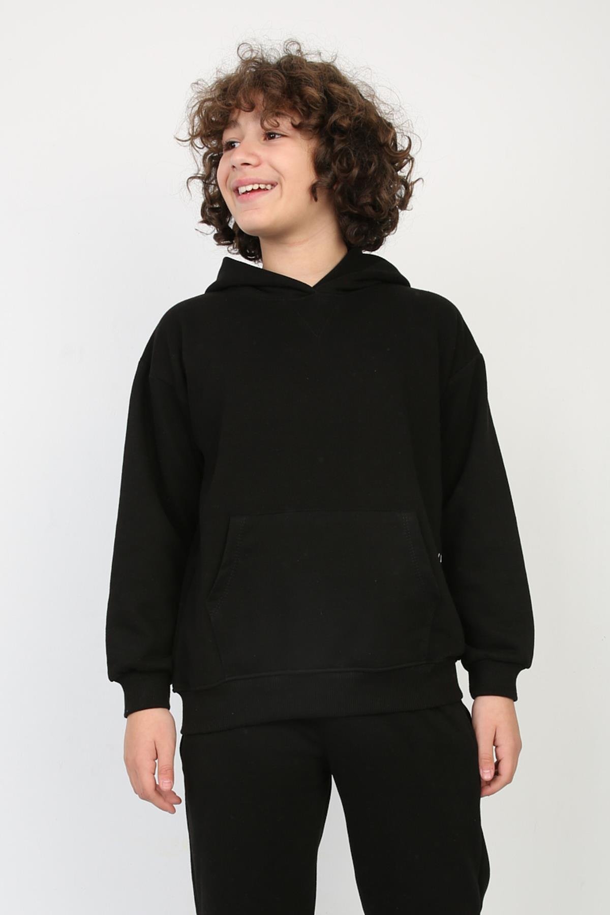 Erkek Çocuk Kapüşonlu Siyah Sweatshırt (8-15 Yaş)