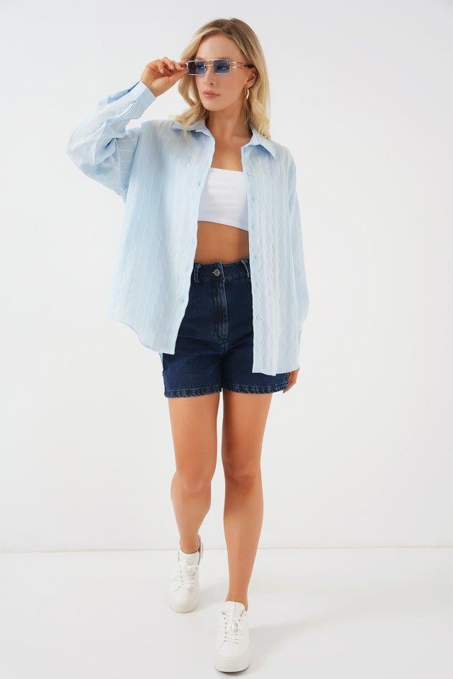 3900 Oversize Uzun Basic Gömlek - C.Mavi