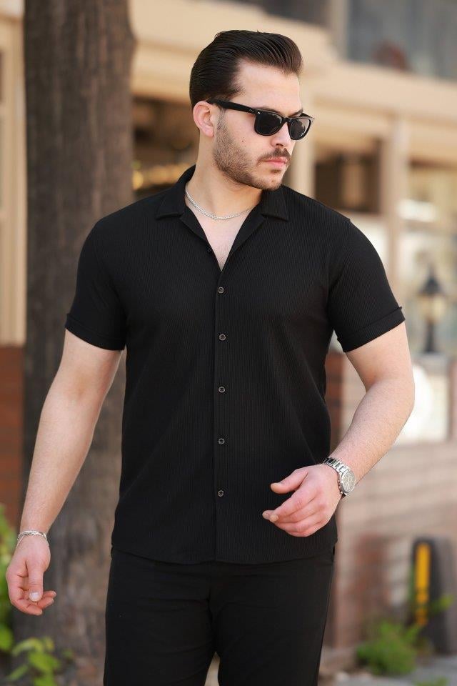 Erkek Ottoman Kumaş Apaj Yaka Kısa Kollu Gömlek