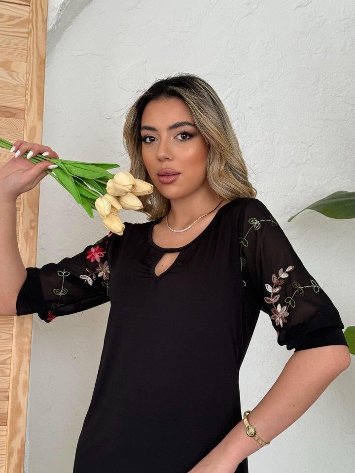 Kadın Fakir Kol çiçek Desenli Tül Kol Bisiklet Yaka çiçek Desen Sandy Salaş Kısa Elbise