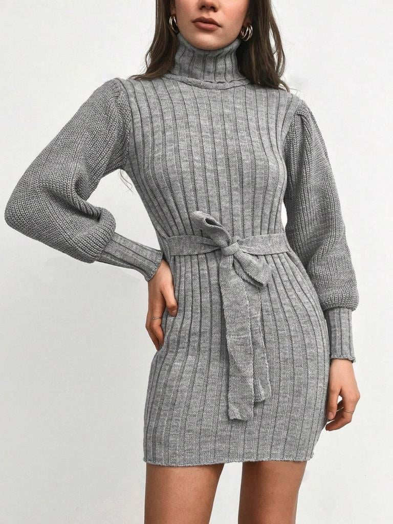 Kadın Uzun Kollu Balıkçı Yaka Beli Kuşaklı Mini Triko Elbise