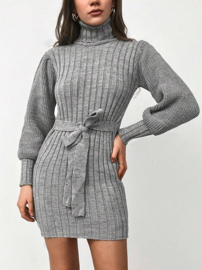 Kadın Uzun Kollu Balıkçı Yaka Beli Kuşaklı Mini Triko Elbise