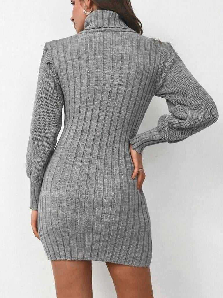 Kadın Uzun Kollu Balıkçı Yaka Beli Kuşaklı Mini Triko Elbise