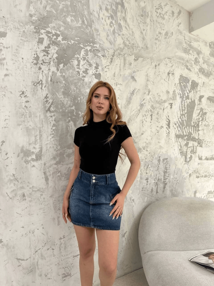 Kısa Kol Badi Bluz - Siyah