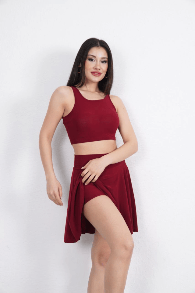 Sendy Kumaş Bisiklet Yaka Crop Şortlu Etek Ikili Takım - Bordo