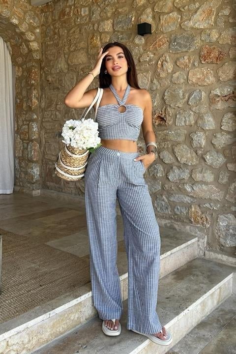 Vesna Keten Çizgili Crop Takım 9806-0025