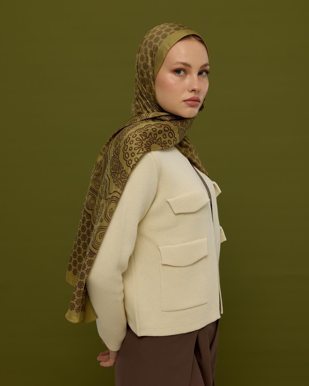 Susam Işıltısı & Kavrulmuş Kahve Bala Hatun Desen Işıltılı Şal