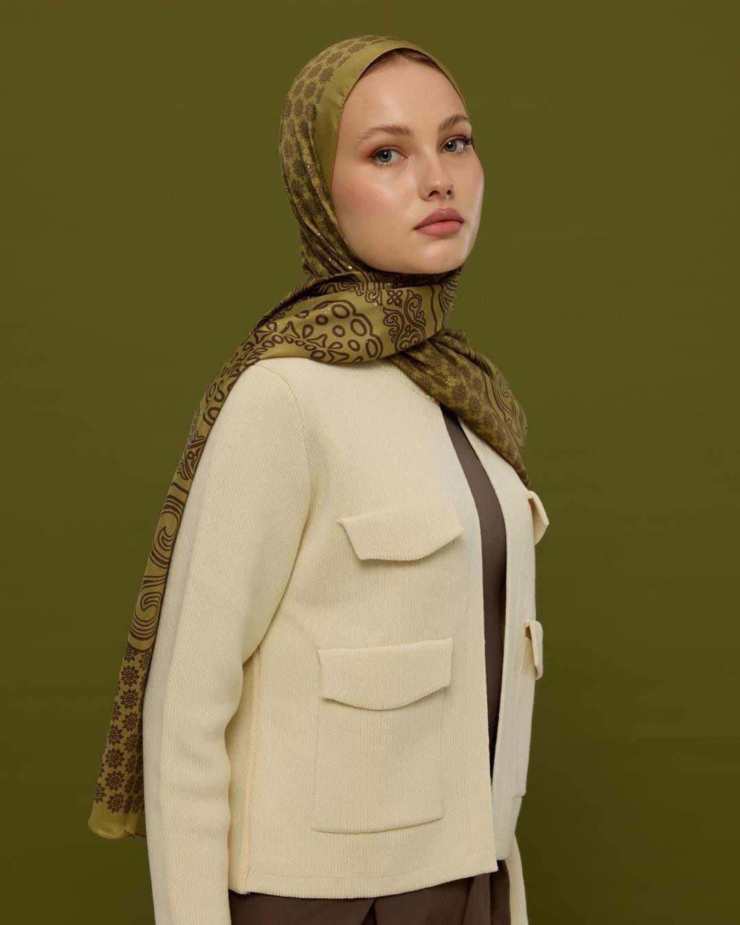 Susam Işıltısı & Kavrulmuş Kahve Bala Hatun Desen Işıltılı Şal