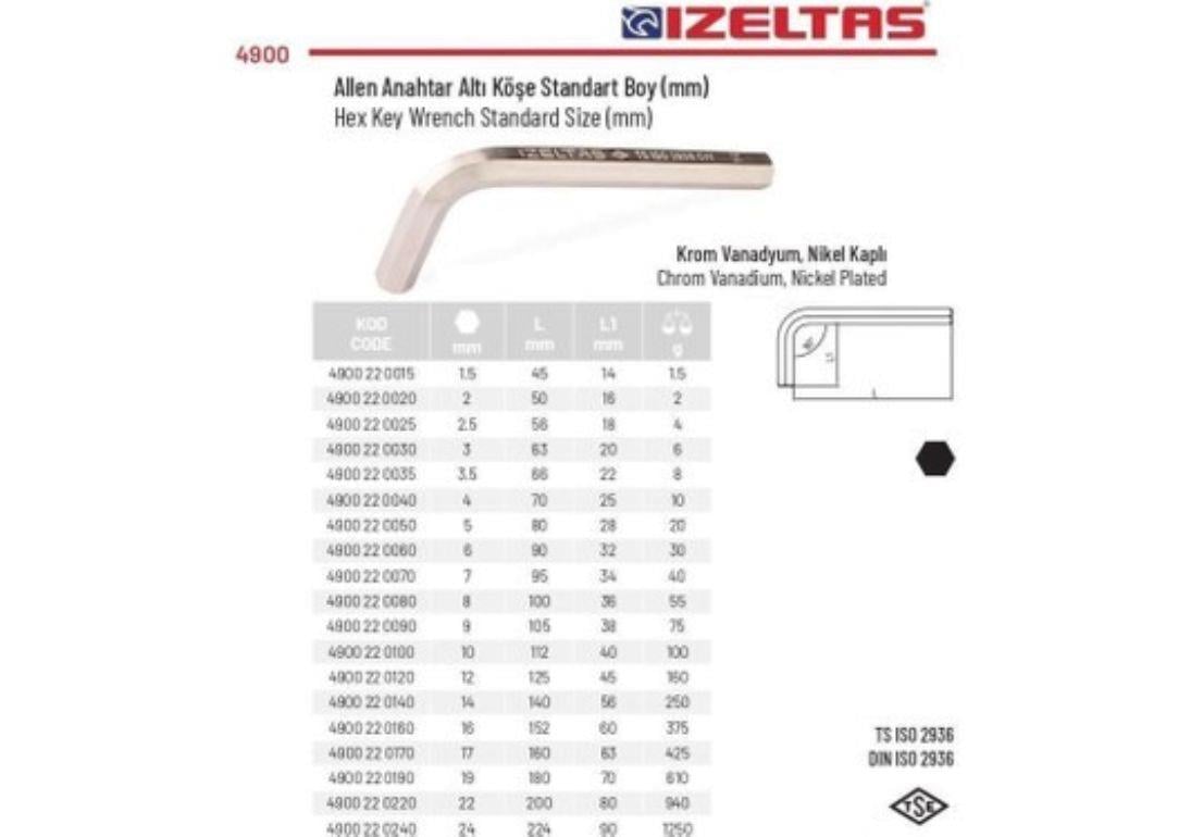 İzeltaş Allen Anahtar Altı Köşe 5 mm - 4900 22 0050