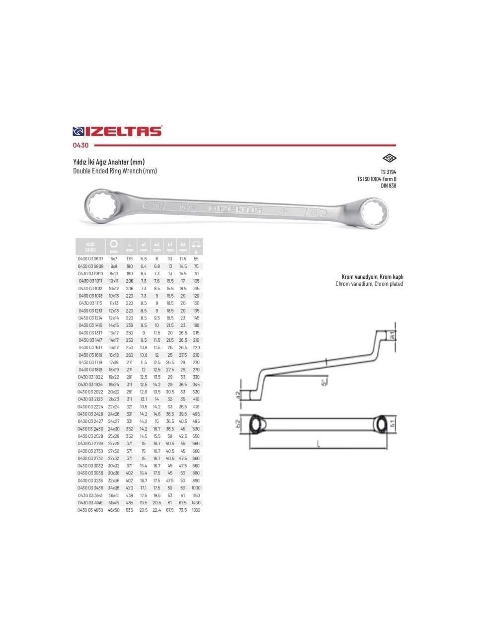 İzeltaş Yıldız İki Ağız Anahtar 18x19mm - 0430 03 1819