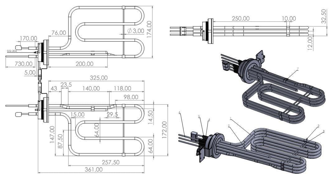 Crystal Makarna Haşlama Isıtıcı Rezistans 3x2000W Trifaze İncolay800 R4027-1P